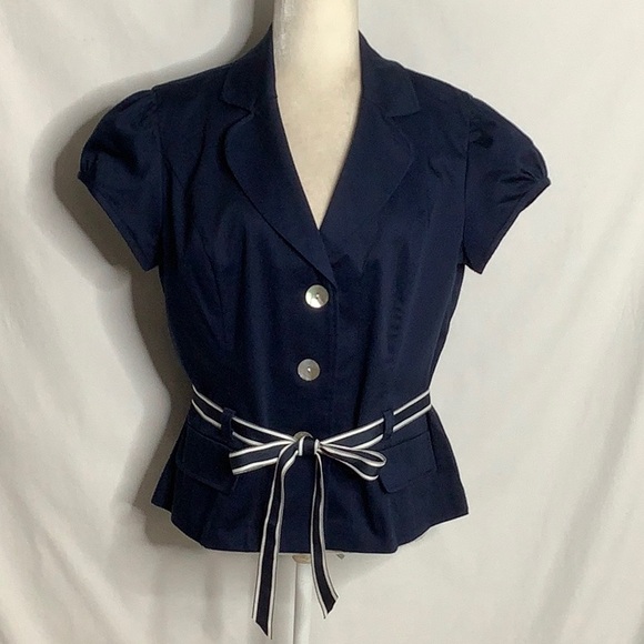 dressbarn Tops - Dressbarn Navy Short Sleeve Blazer Top with Striped Belt Size 14 Career Office
